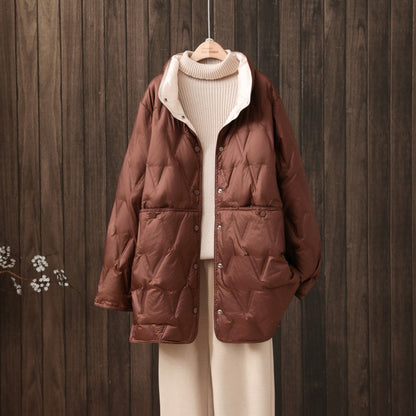 Women's down jacket, reversible, lightweight, mid-length