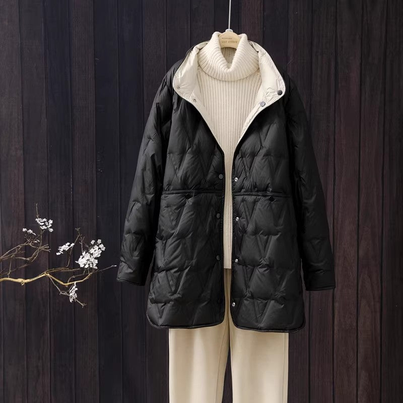 Women's down jacket, reversible, lightweight, mid-length