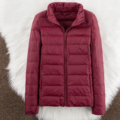 Light women's down jacket with hood and stand-up collar