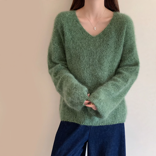 Ladies V-neck Sweater, Wool-Cashmere, Brushed
