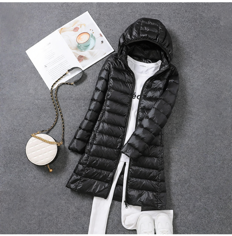 Women's down coat, mid-length, with removable hood