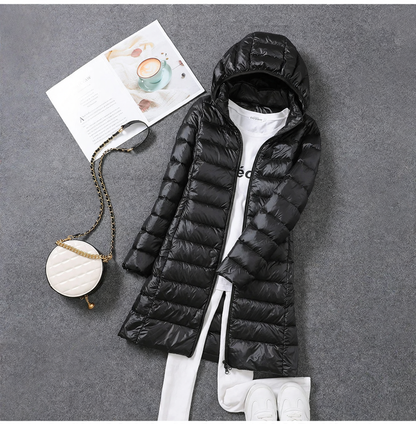 Women's down coat, mid-length, with removable hood