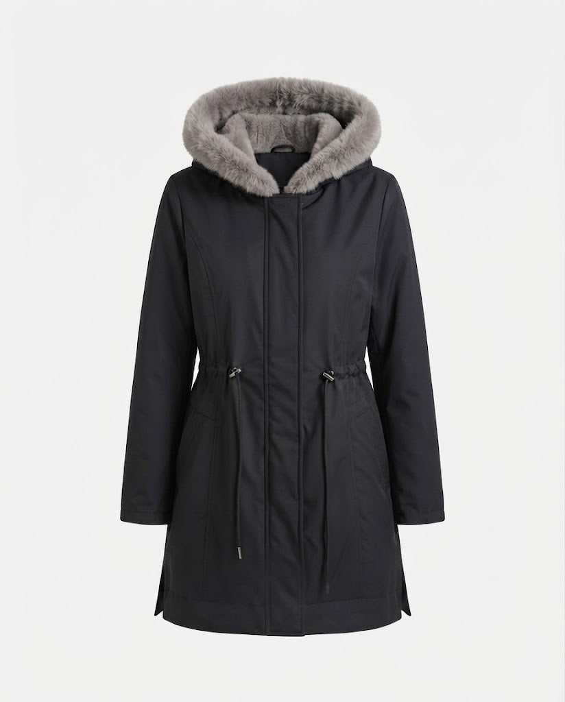 Women's knee-length thermoparkas with removable teddy hood, drawstring waist and concealed front flap