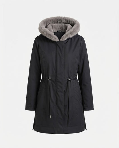 Women's knee-length thermoparkas with removable teddy hood, drawstring waist and concealed front flap