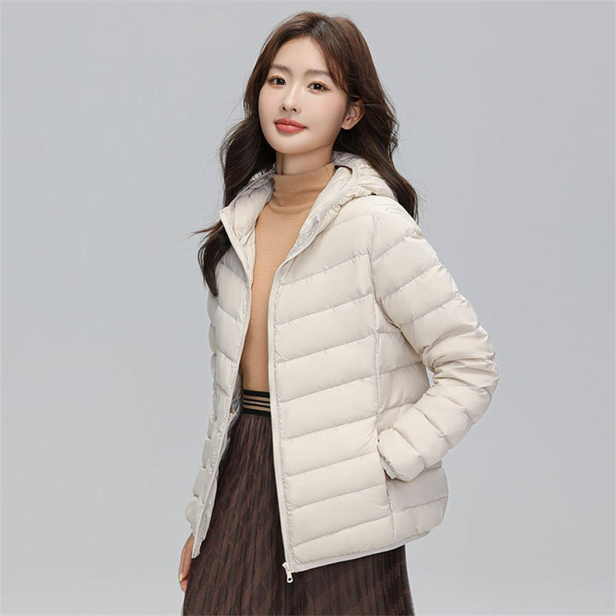 Women's down jacket, short, with hood, light and warm