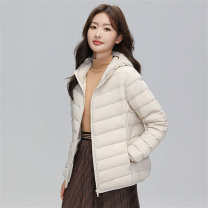 Women's down jacket, short, with hood, light and warm