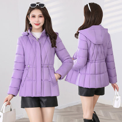 Short, padded women's jacket with hood