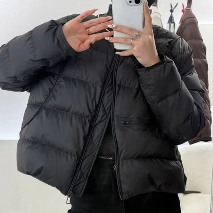 Short women's down jacket, round neckline, lightweight