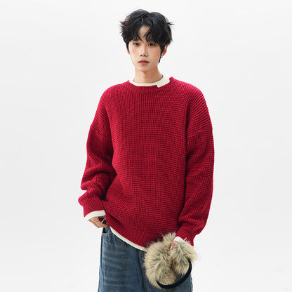 Men's knit sweater with Henley neckline, red
