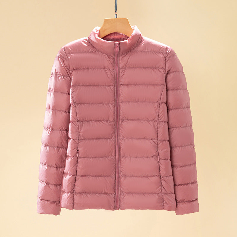 Short women's down jacket with standing collar