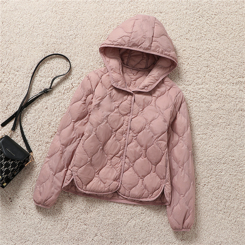 Light women's down jacket, short, with hood