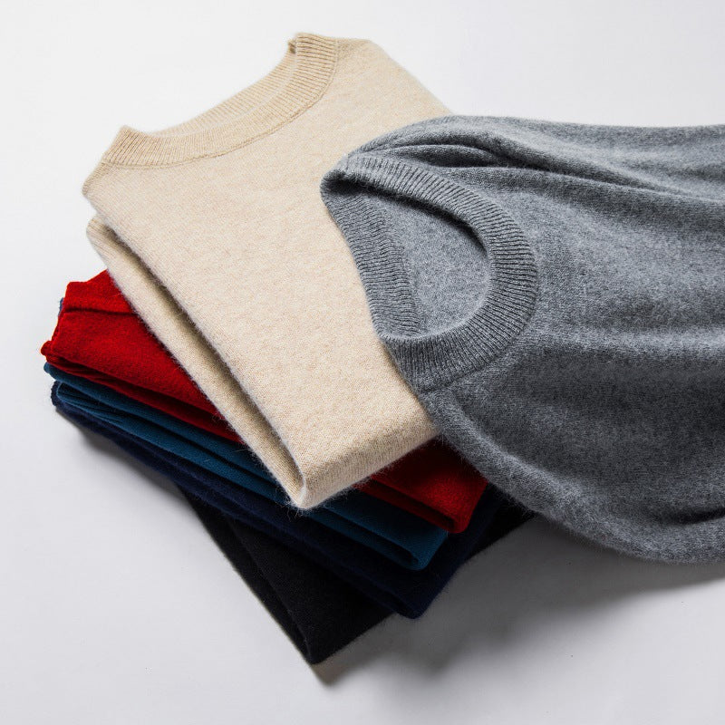 Men's wool sweater, round neck, solid color