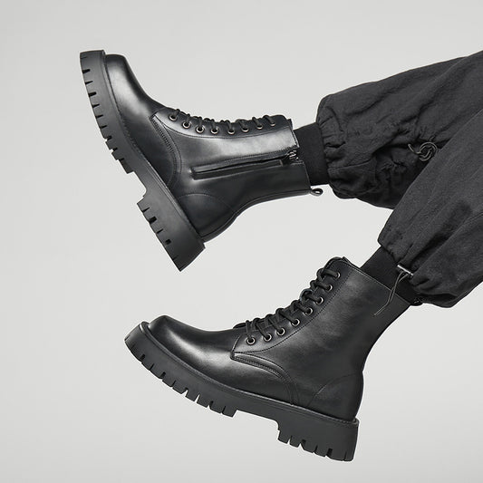Men's platform boots, lace-up boots, zipper, synthetic leather