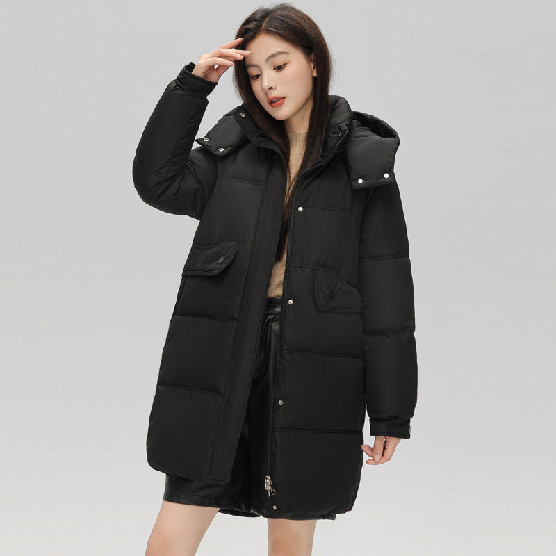 Mid-length women's padded jacket with hood, insulated