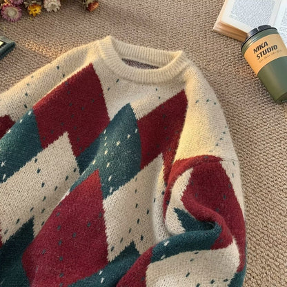 Vintage knit pullover with diamond pattern, Unisex