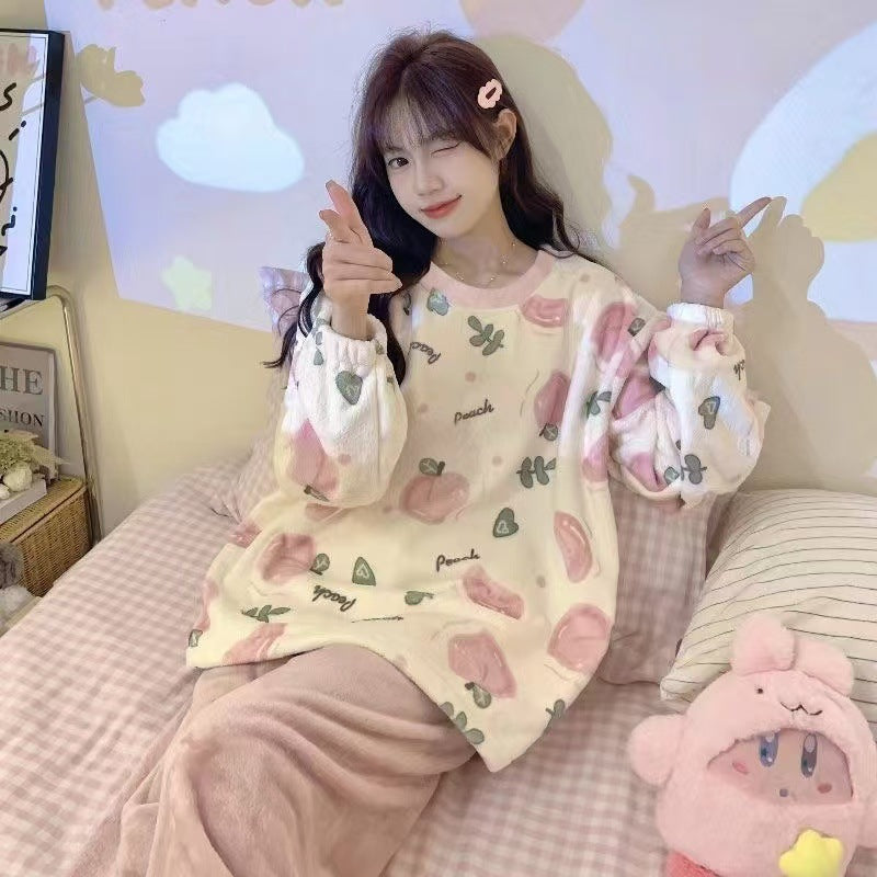 Ladies' pajama set, coral fleece, long-sleeved