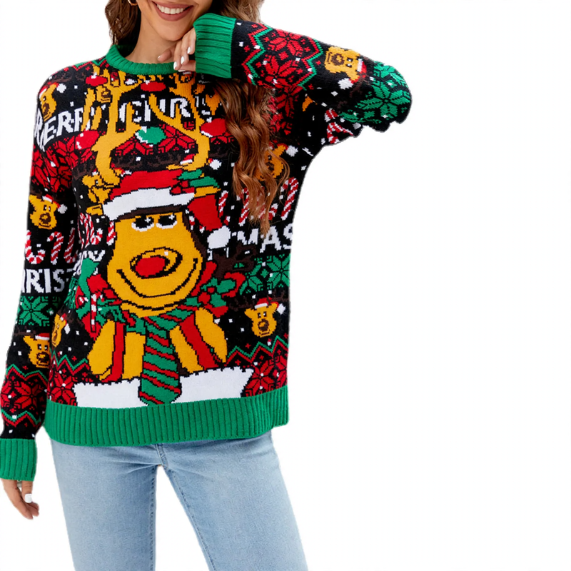 Loose women's Christmas sweater with animal motif