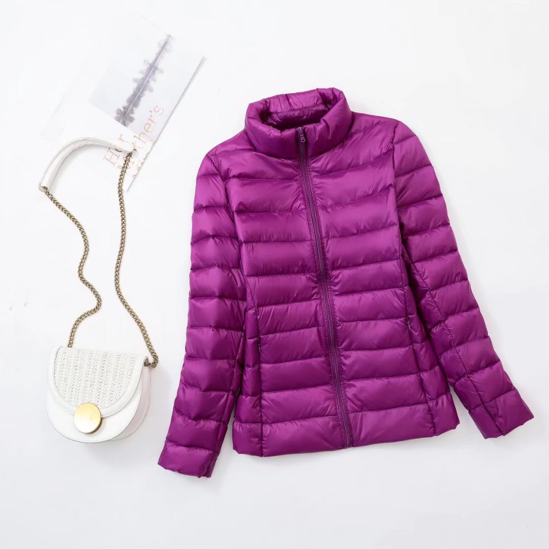 Light women's down jacket, stand-up collar, slim fit