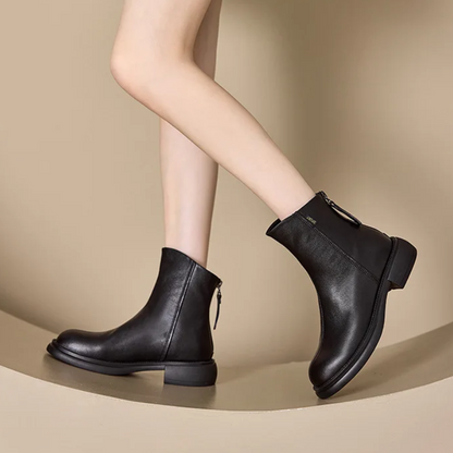 Women's leather ankle boots with back zipper and low heel