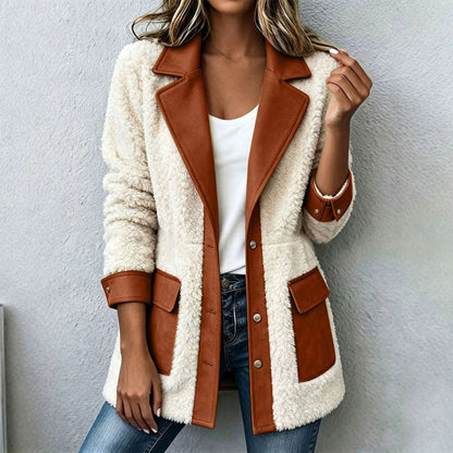 Lamb fleece jacket with lapels and button placket
