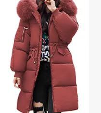 Padded women's winter jacket, mid-length, with fur collar