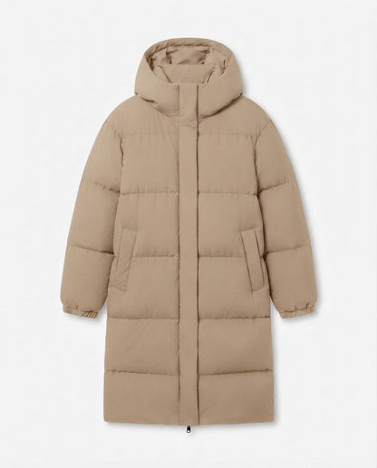 Women's nan ultra-watt-coated longline puffer with ergonomic hood, concealed snap placket, and thermoregulating insulation