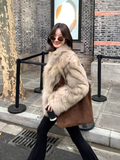 Fluffy jacket with stand-up collar
