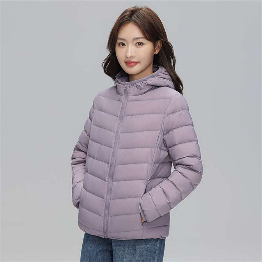 Women's down jacket, short, with hood, light and warm