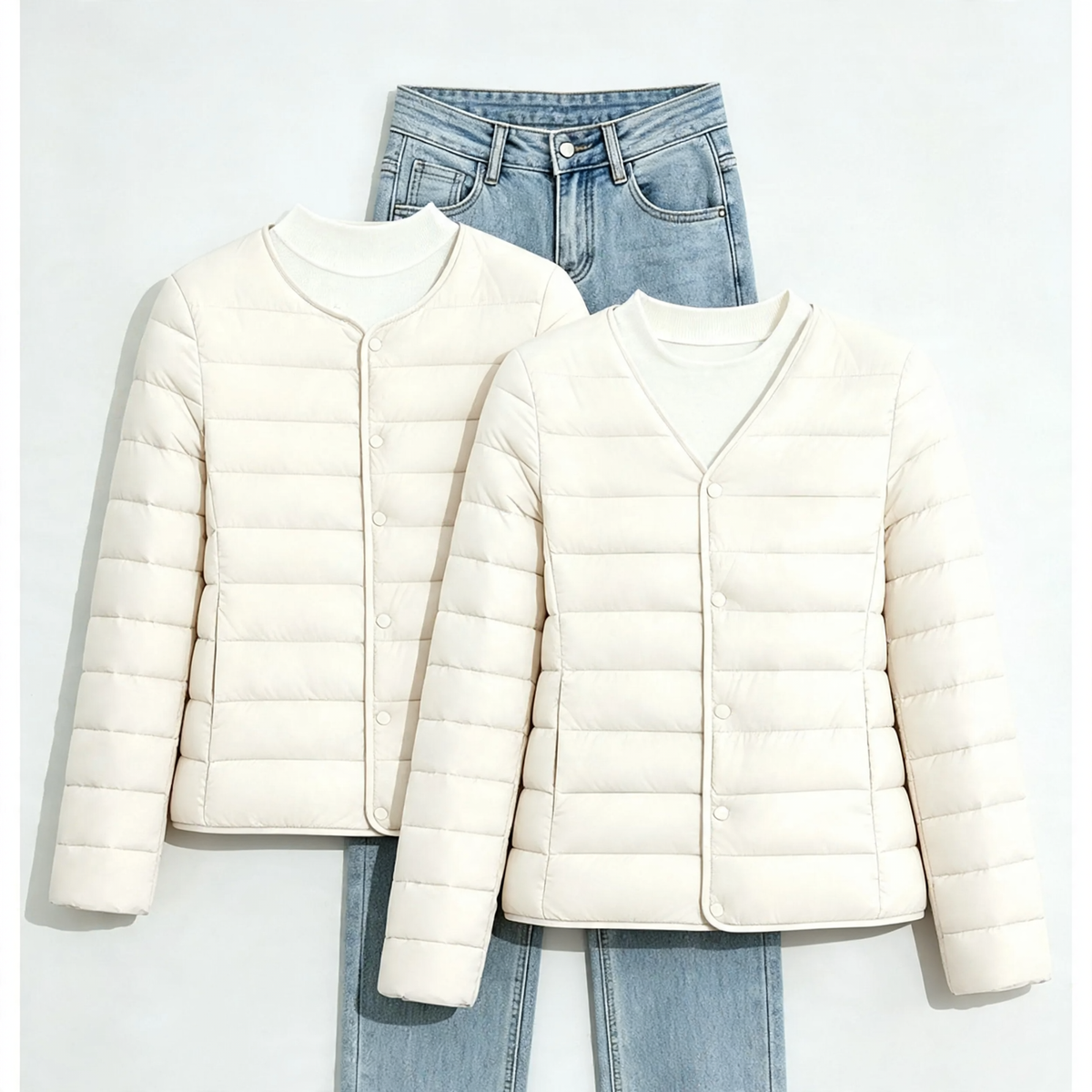 Lightweight, short women's padded jacket without collar