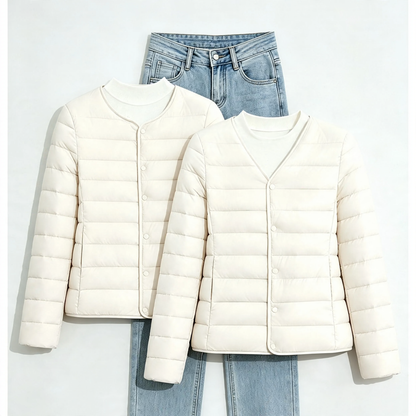 Lightweight, short women's padded jacket without collar
