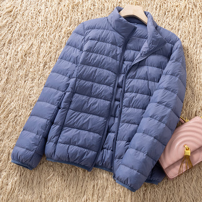 Light women's down jacket with stand-up collar