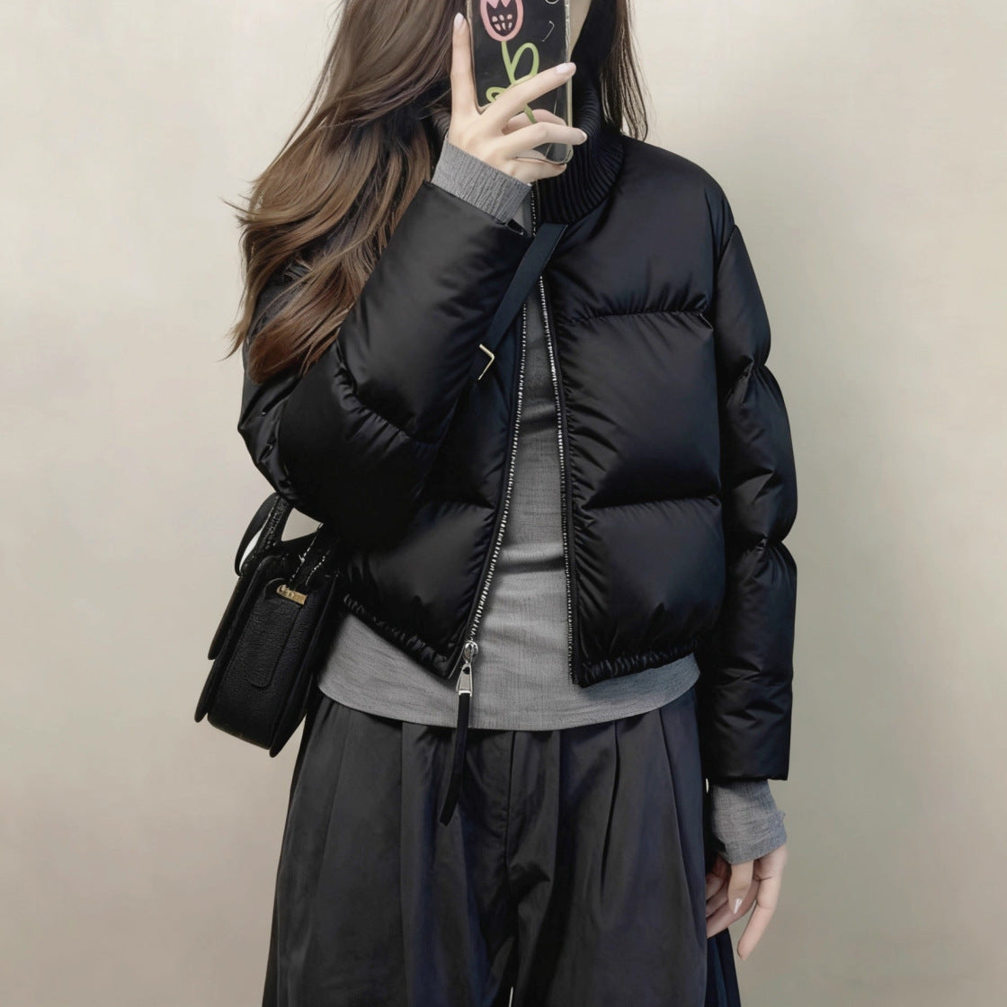 Short women's padded jacket, stand-up collar, padded