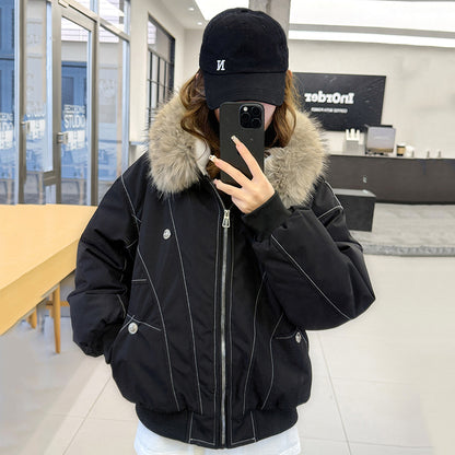 Short women's winter jacket in American style with faux fur