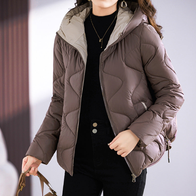 Short women's quilted jacket, glossy, with hood