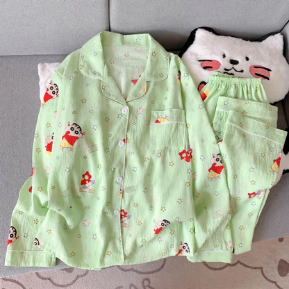 Women's Pajama Set, Long Sleeve, Cotton Blend, Cartoon Pattern