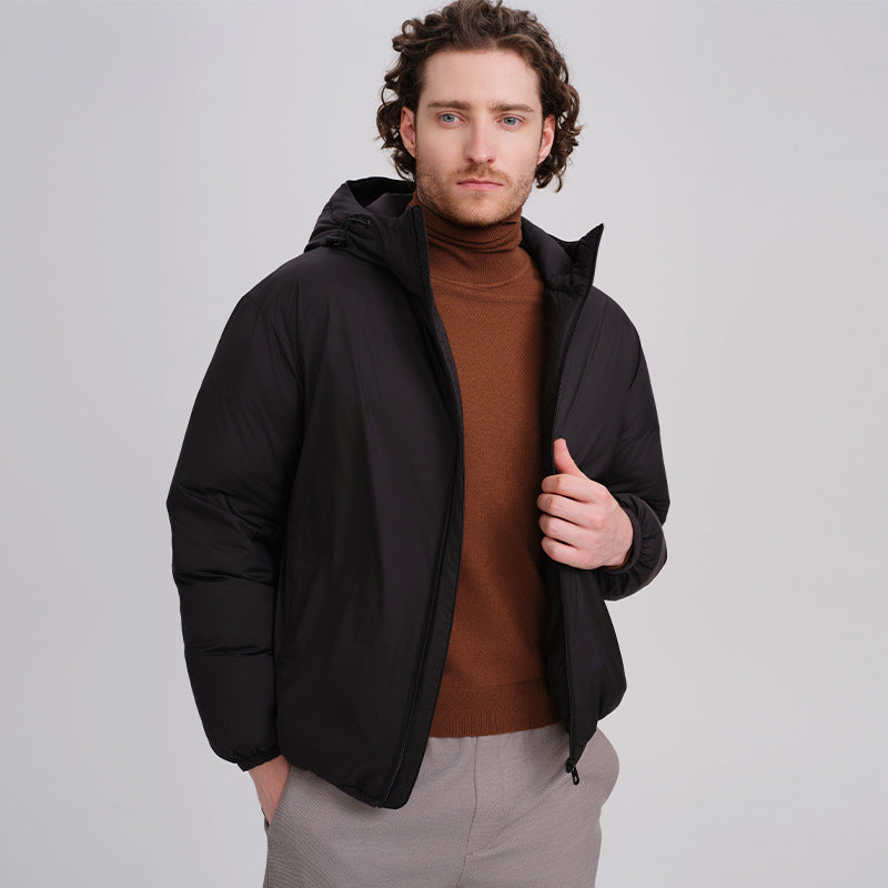 Men's down jacket, short, with hood, white duck down lining