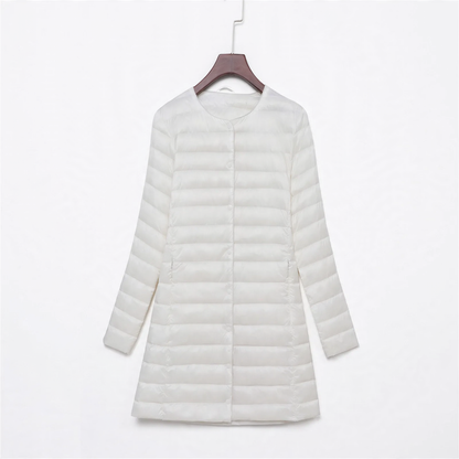 Light women's down jacket, mid-length, with button placket