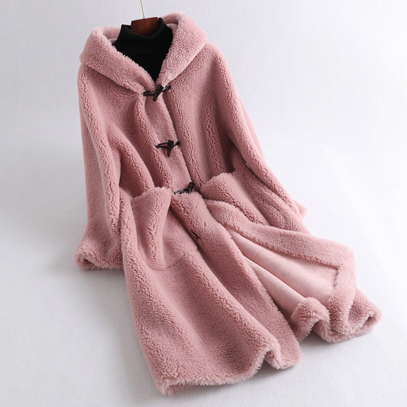 Women's sheepskin coat with hood, mid-length
