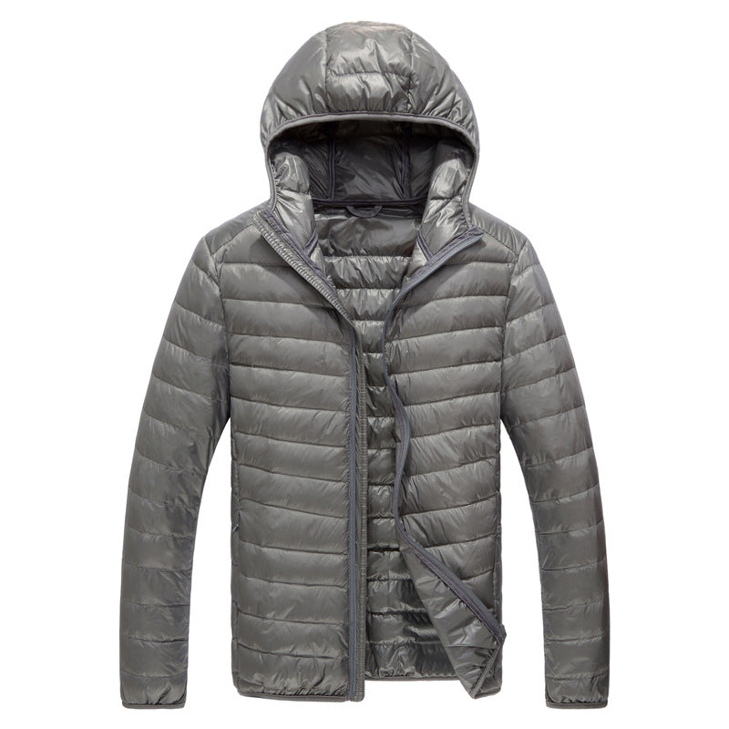 Men's down jacket, lightweight, with storage bag
