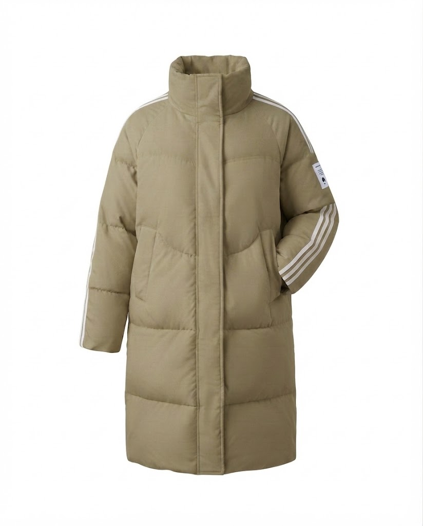 Women's longer sporty quilted coat with contrasting striped sleeves and high stand-up collar