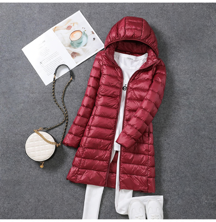 Women's down coat, mid-length, with removable hood