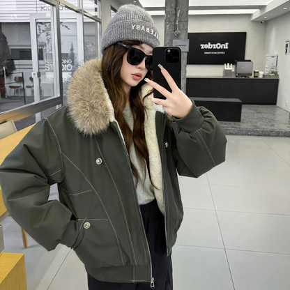 Short women's winter jacket in American style with faux fur