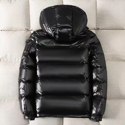 Short men's down jacket, hood, white duck down