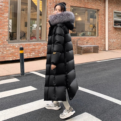 Long women's down coat with fox fur collar
