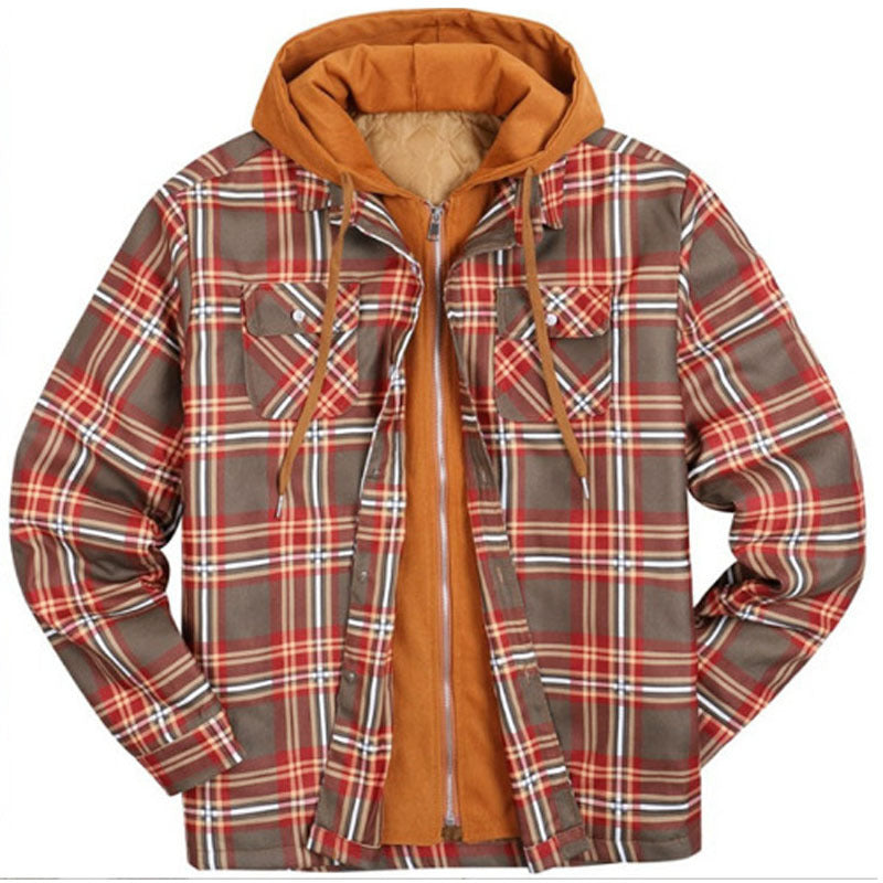 Men's shirt jacket, padded, checkered, with hood