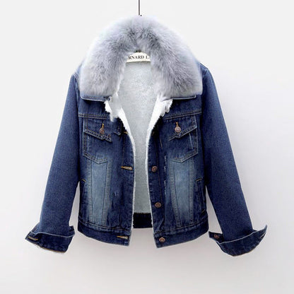 Padded denim jacket for women, short, with faux fur collar