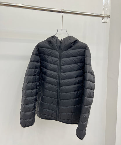 Light men's down jacket, short, with hood