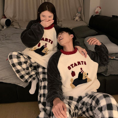 Pair Pajamas, Winter, Coral Fleece, Lined, Cartoon
