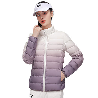 Women’s down jacket, short, with stand-up collar and gradient
