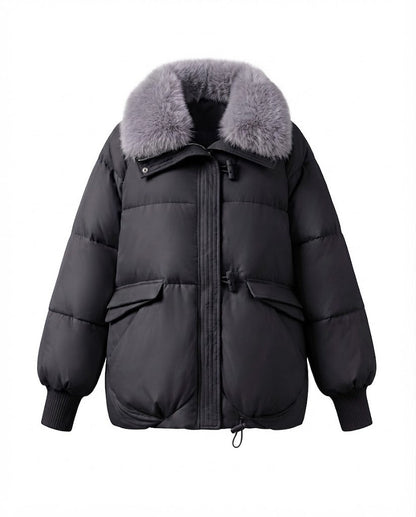 Women's modern oversized puffer with voluminous teddy collar, concealed two-way zipper and adjustable hem